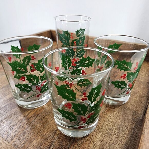 4 Lot Vintage Libby Holly Berry Christmas Drinking Glasses 1 Tumbler 3 Rocks - Picture 6 of 10